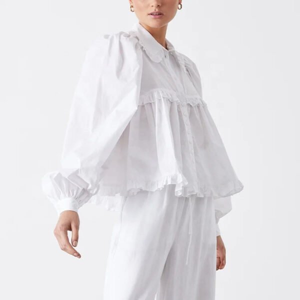 Female Top Classic Collar With Ruffle Edge Blouse Ladies Turn Down Collar Office Elegant Blouse Cotton White Shirt