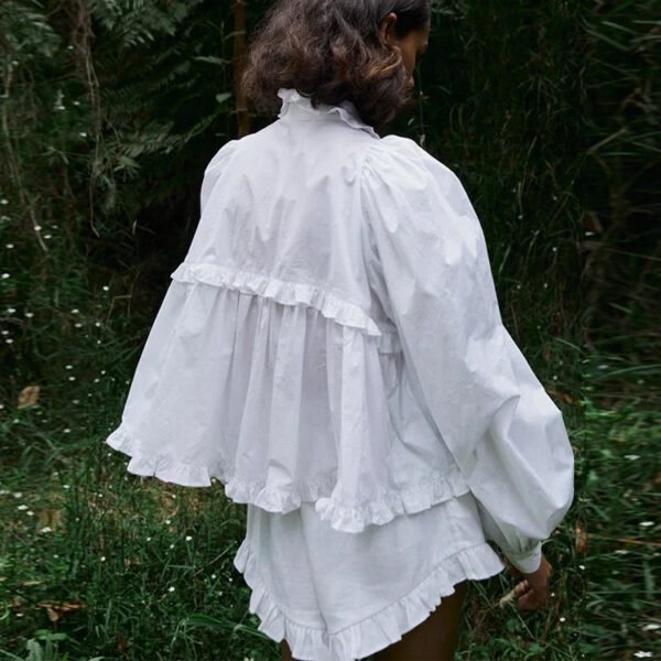 Female Top Classic Collar With Ruffle Edge Blouse Ladies Turn Down Collar Office Elegant Blouse Cotton White Shirt